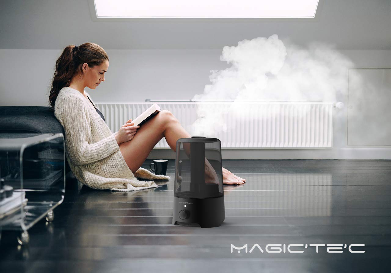 Magictec Cool Mist Humidifier, 2.5L Essential Diffuser for Bedroom and Baby, Adjustable Mist Output, Auto Shut Off, Super Quiet 360 Nozzle - Lasts Up to 24 Hours, Black