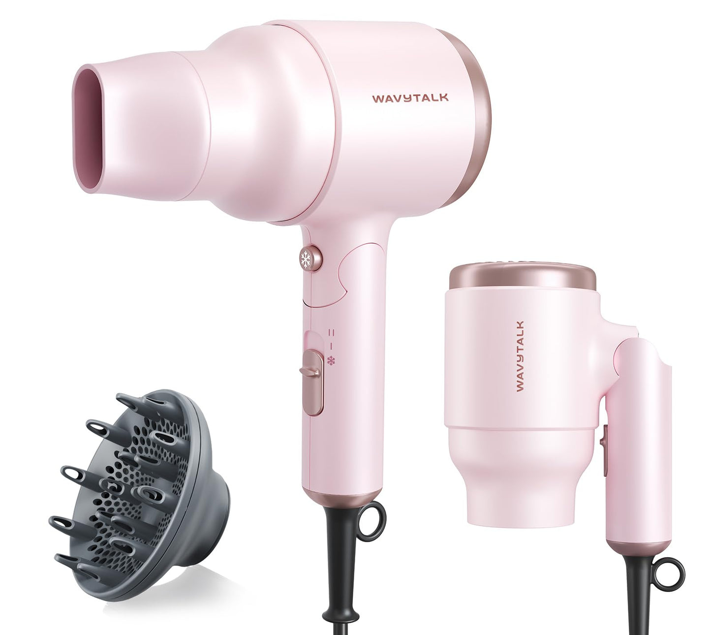 Wavytalk Blow Dryer with Diffuser, Mini Hair Dryer with Folding Handle, 1600W Quiet Lightweight Hairdryer with Diffuser Compact Design, Pinky White