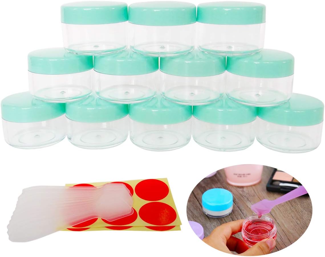 Wopanxye 12pack 15 Gram Small Clear Cosmetic Sample 15ml Empty Containers for Make-up Gifts, Eye-Shadow, Nails, Powder, Gels, Beads, Jewelry, Sunscreens Cream, Mini 15g Pot Jars with Green Cap Lids