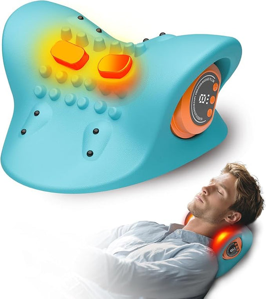 Neck Massager Pillow, Portable Neck Stretcher with Heat, 3 Adjustable Modes for Deep Tissue Pain Relief, 26° Angle Cervical Traction Device for Shoulder, Back