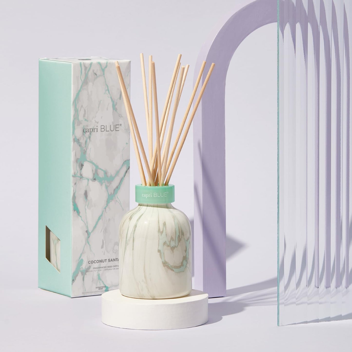 Capri Blue Modern Marble Reed Diffuser Set - Includes Reed Diffuser Sticks, Scented Oil & Glass Bottle - Luxury Scents for Bedroom Decor & Bathroom Air Freshener - Coconut Santal (5.7 fl oz)
