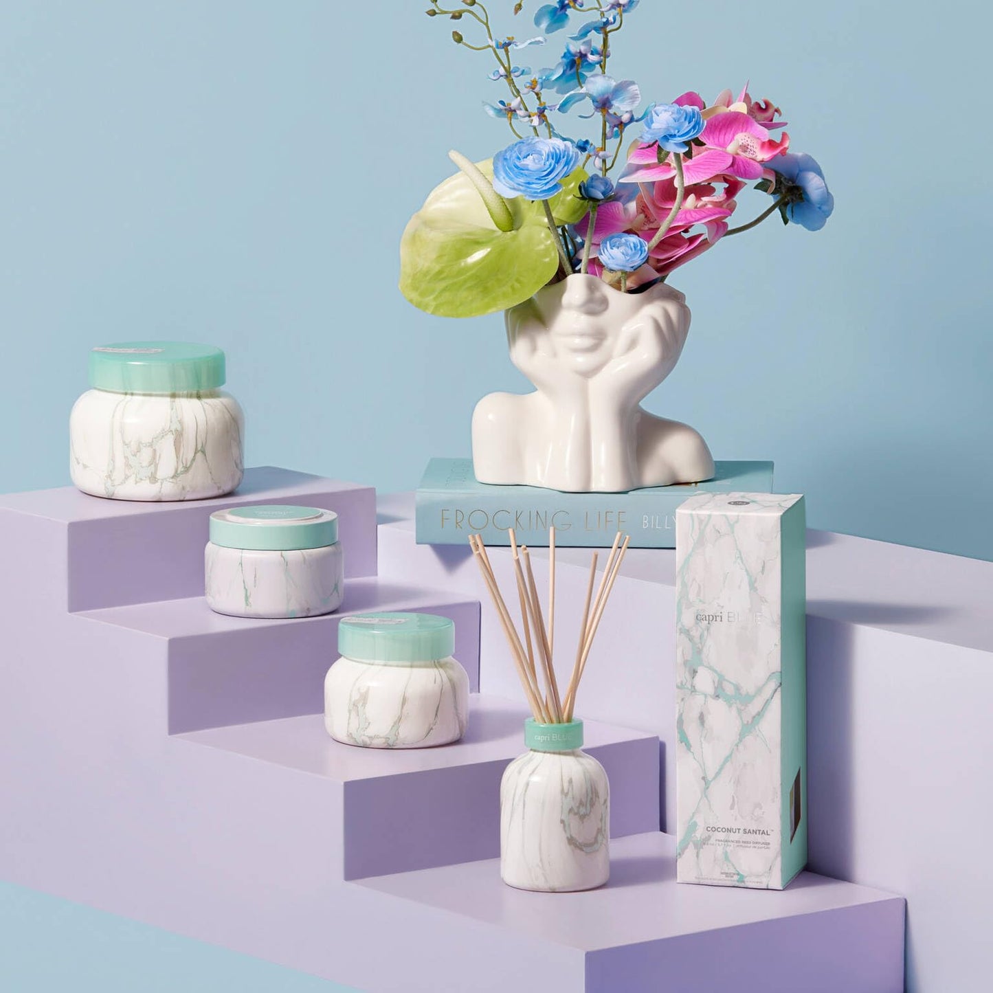 Capri Blue Modern Marble Reed Diffuser Set - Includes Reed Diffuser Sticks, Scented Oil & Glass Bottle - Luxury Scents for Bedroom Decor & Bathroom Air Freshener - Coconut Santal (5.7 fl oz)