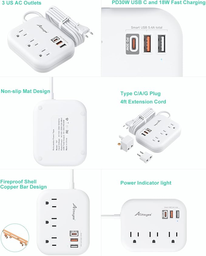 Alitayee PD30W USB C Travel Power Strip, European Travel Plug Adapter with 3 Outlets 3 USB Ports, International Universal Plug Adapter with 4ft Extension Cord to EU US UK Italy Spain France Germany