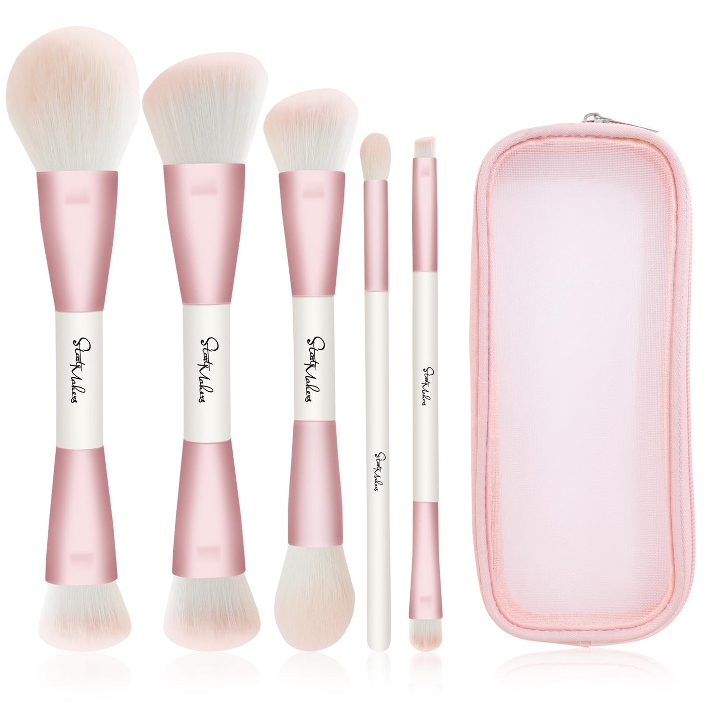 START MAKERS Makeup Brushes 5Pcs Dual Ended Pink Makeup Brush Set for Foundation Blush Bronzer Concealer Contour Powder Highlight Eyebrow Eyeshadow Blending, Travel Makeup Brushes with Bag