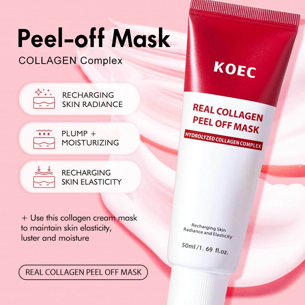 KOEC Real Collagen Peel Off Face Mask Collagen Overnight Wrapping Facial Mask,Deep Hydrating,Restores Elasticity,and Refine Pores,Hydrolyzed Collagen with 500 DA for Glass Glow Skin,1.69 fl.oz