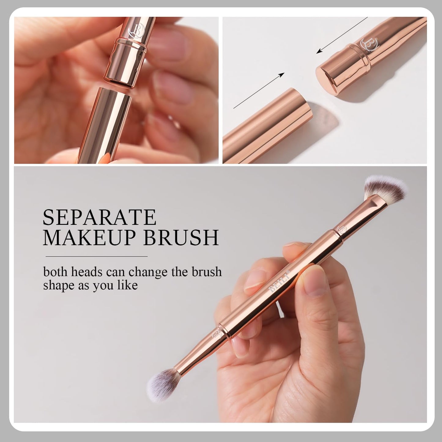 BEILI Travel Eye Makeup Brushes Set 8pcs Removable Double Sided Makeup Brush with Mirror Box & Removal Cleaner Sponge (Rose Gold)