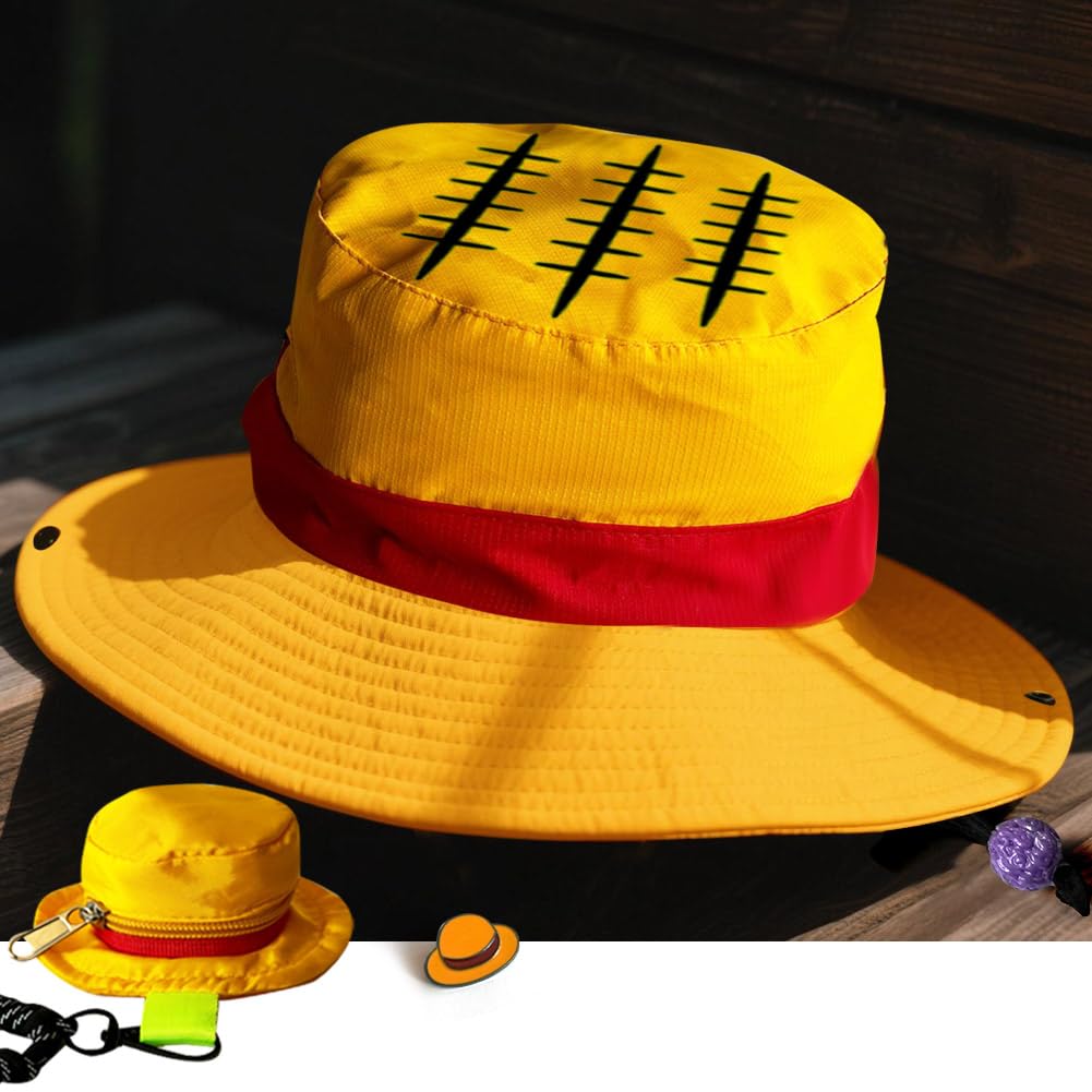 3-in-1 OP Captain Inspired Sun Hat Set - UPF 50+ Foldable Wide Brim Bucket Hat with Adjustable Back Vent + Strawhat Key Case & Enamel Pin, Unisex Waterproof Outdoor Hat for Women/Men