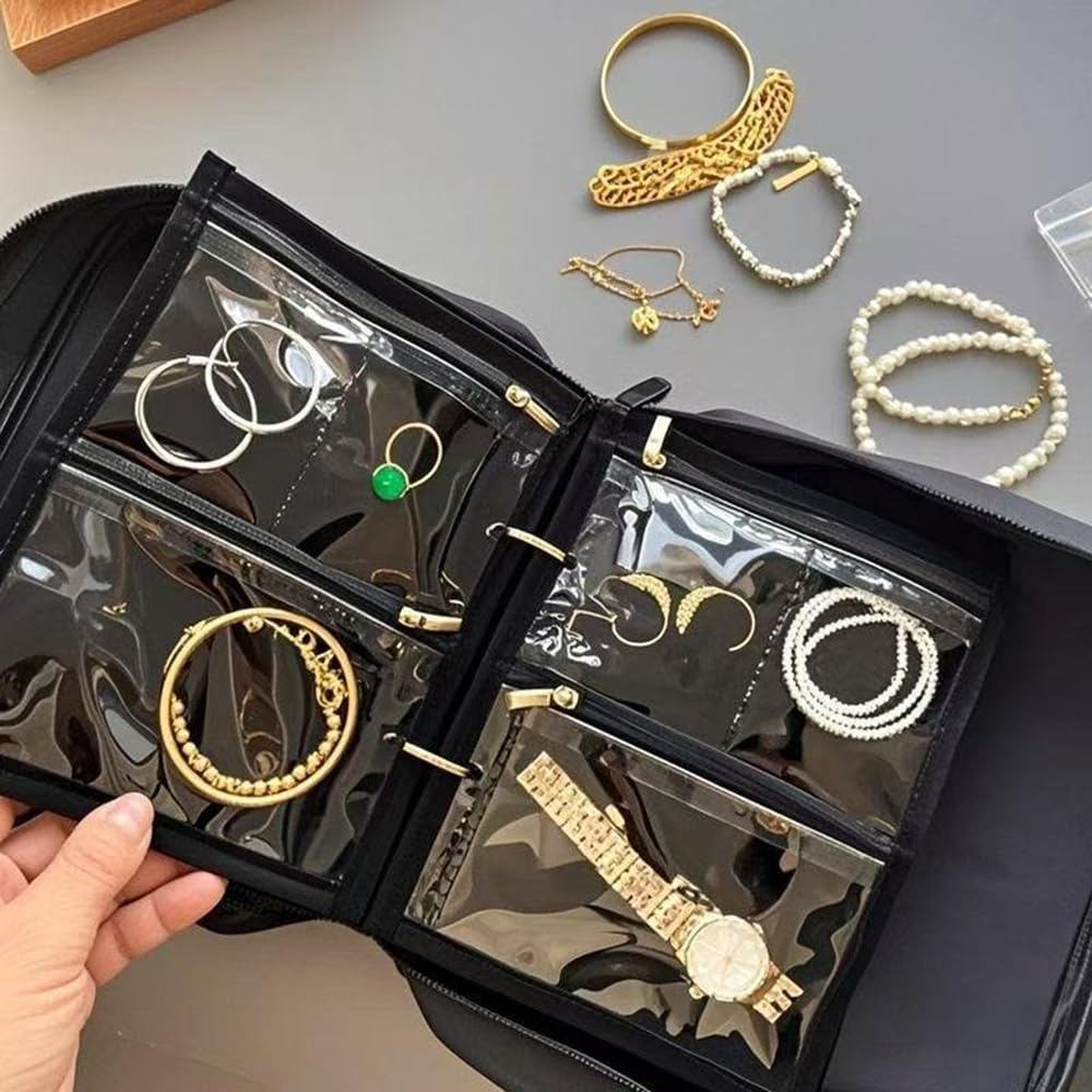 GSXRB Waterproof Anti-Tarnish Jewelry Organizer for Travel - Large Capacity Foldable Jewelry Box with 36 Compartments, Portable Earring Necklace Ring Organizer (Black)