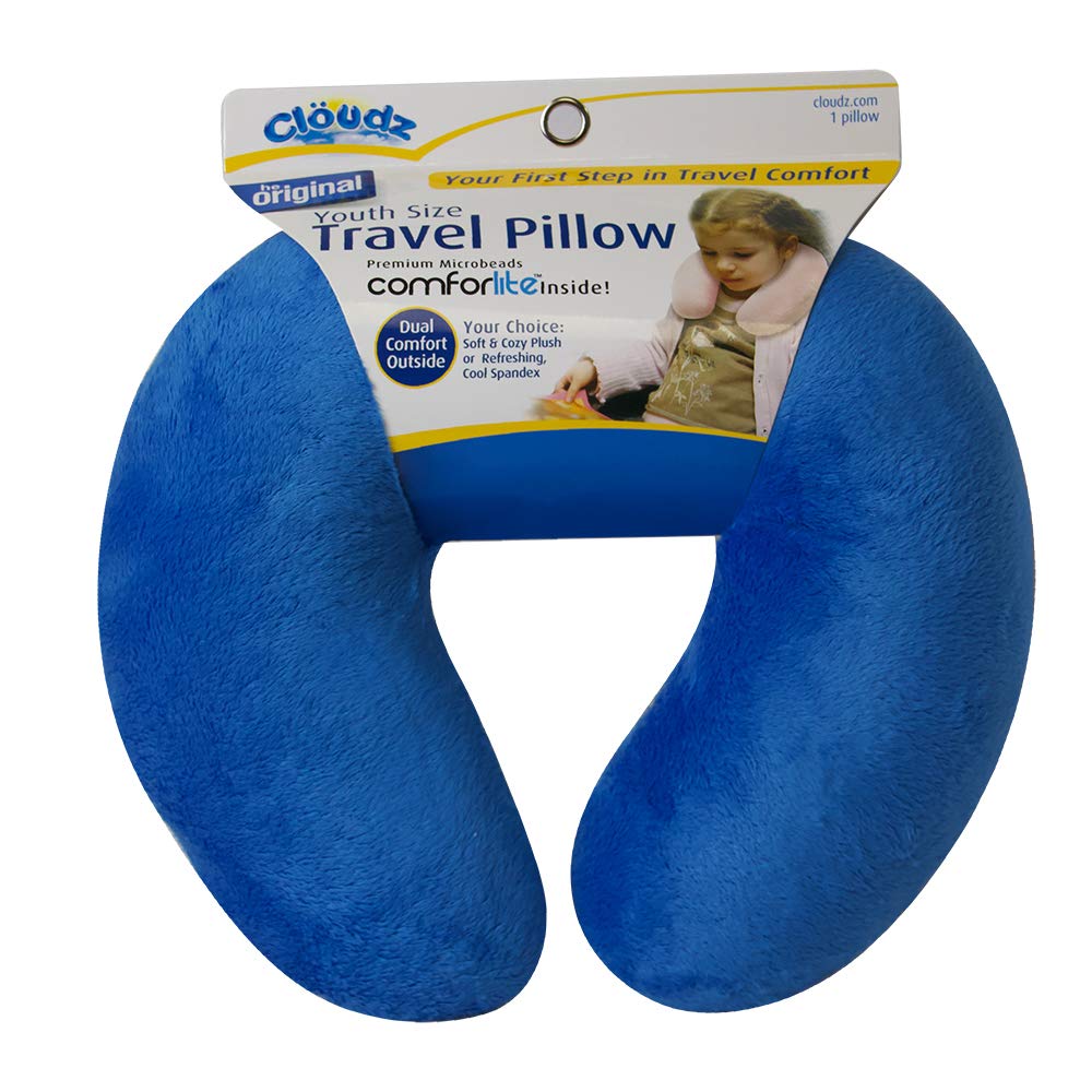 Cloudz Kids Dual Comfort Microbead Airplane Travel Neck Pillow. Super Soft Cozy Plush on One Side, Cool Relaxing Spandex on The Other! Keep Your Kids Comfy and Supported at Home or On The Go! - Blue