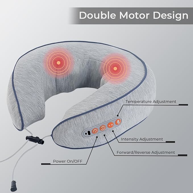 Neck Massager with Heat - Deep Tissue Neck Pain Relief U-Shape Design Electric Cordless Massager Pillow for Travel Office Shiatsu Neck Massager with Double Motor Gifts for Men Women, Grey