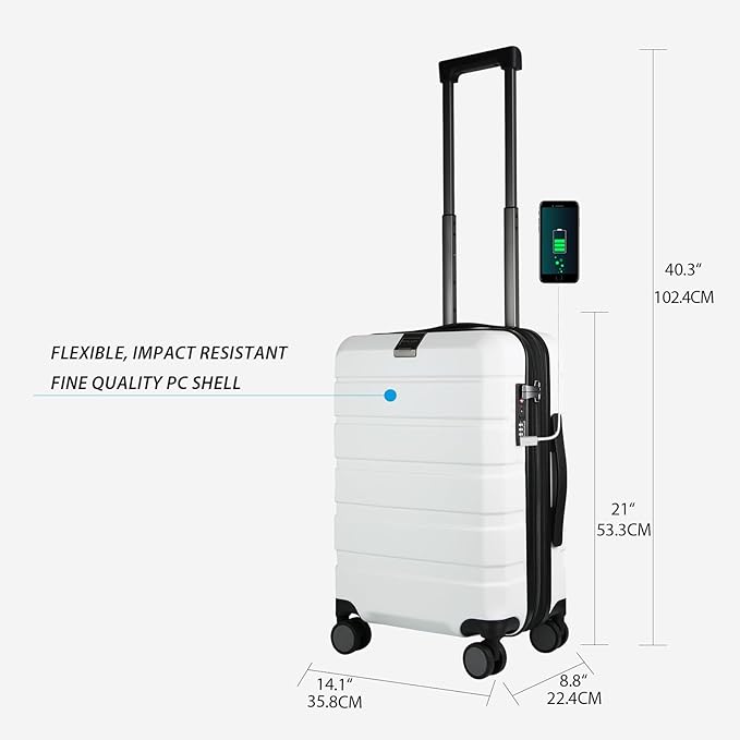 KROSER Hardside Expandable Carry On Luggage with Spinner Wheels & Built-in TSA Lock, Durable Suitcase Rolling Luggage with USB Port, Carry-On 20-Inch, White