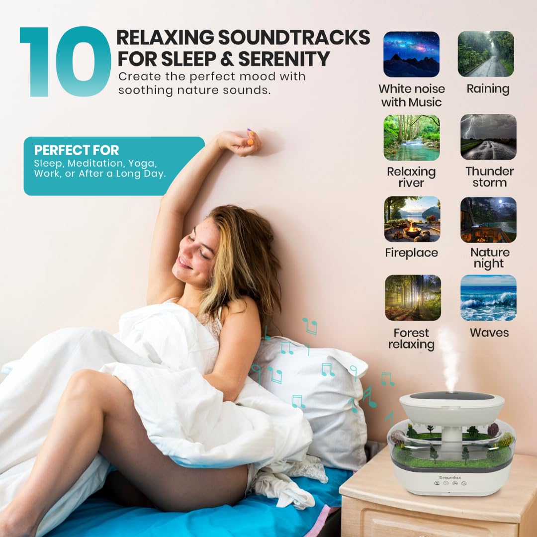 Dreamlax Rain Humidifiers for Bedroom – Cool Mist Essential Oil Diffuser, White Noise Machine with 10 Nature Sounds, 7 LED Lights, Remote Control & Decorative Raindrop Lamp