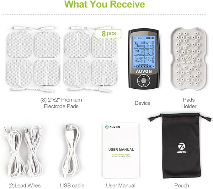 AUVON Rechargeable TENS Unit Muscle Stimulator, 24 Modes 4th Gen TENS Machine with 8pcs 2"x2" Premium Electrode Pads for Pain Relief