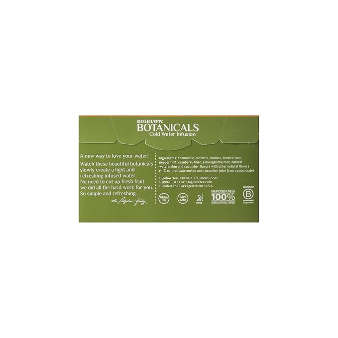 Bigelow Botanicals Cold Water Infusion Watermelon Cucumber Mint Tea Bags 18 Count Box (Pack of 1), Herbal Infusion, Caffeine Free, 18 Tea Bags Total