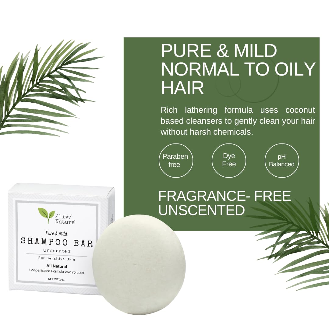 /liv/ Nature Fragrance Free Shampoo Bar | Clean Non Toxic Shampoos | Hypoallergenic | Gentle, Safe for Sensitive Skin, Psoriasis | Unscented | Travel | Handmade in USA 1-pk