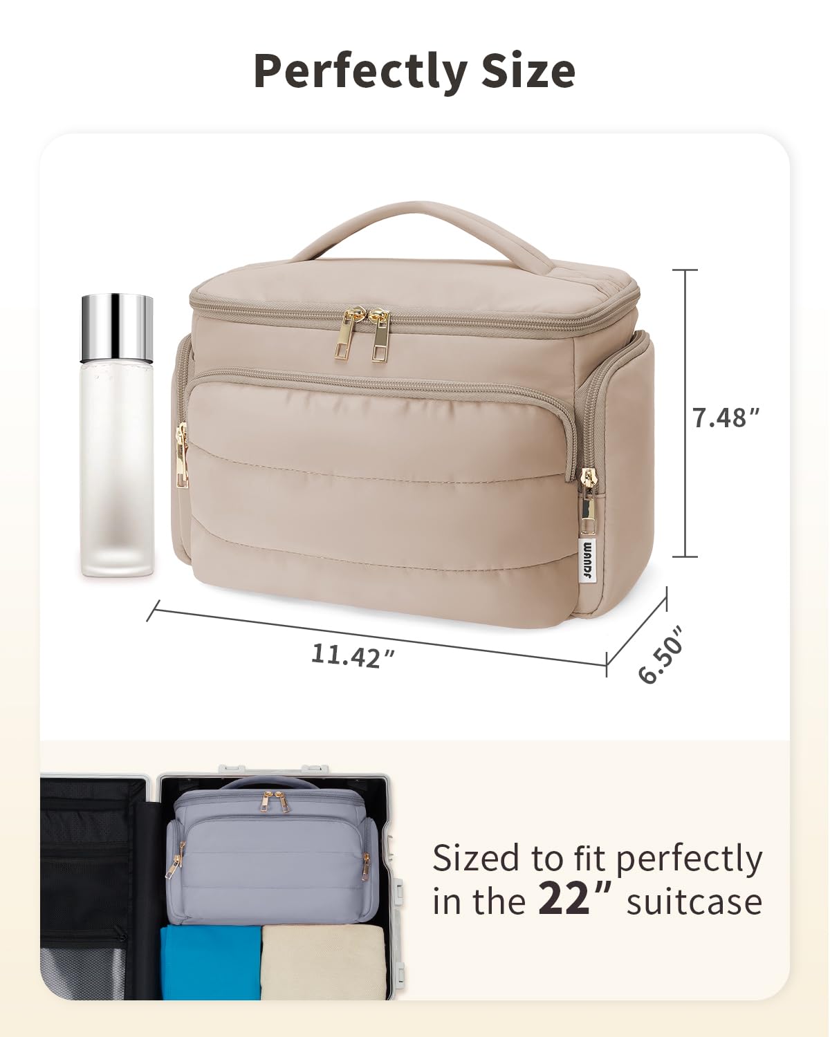 WANDF Travel Toiletry Bag for Women, Wide-open Large Makeup Bag with Handle, Puffy Makeup Organizer for Toiletries, Cosmetics, Accessories, Essentials (Light Khaki)