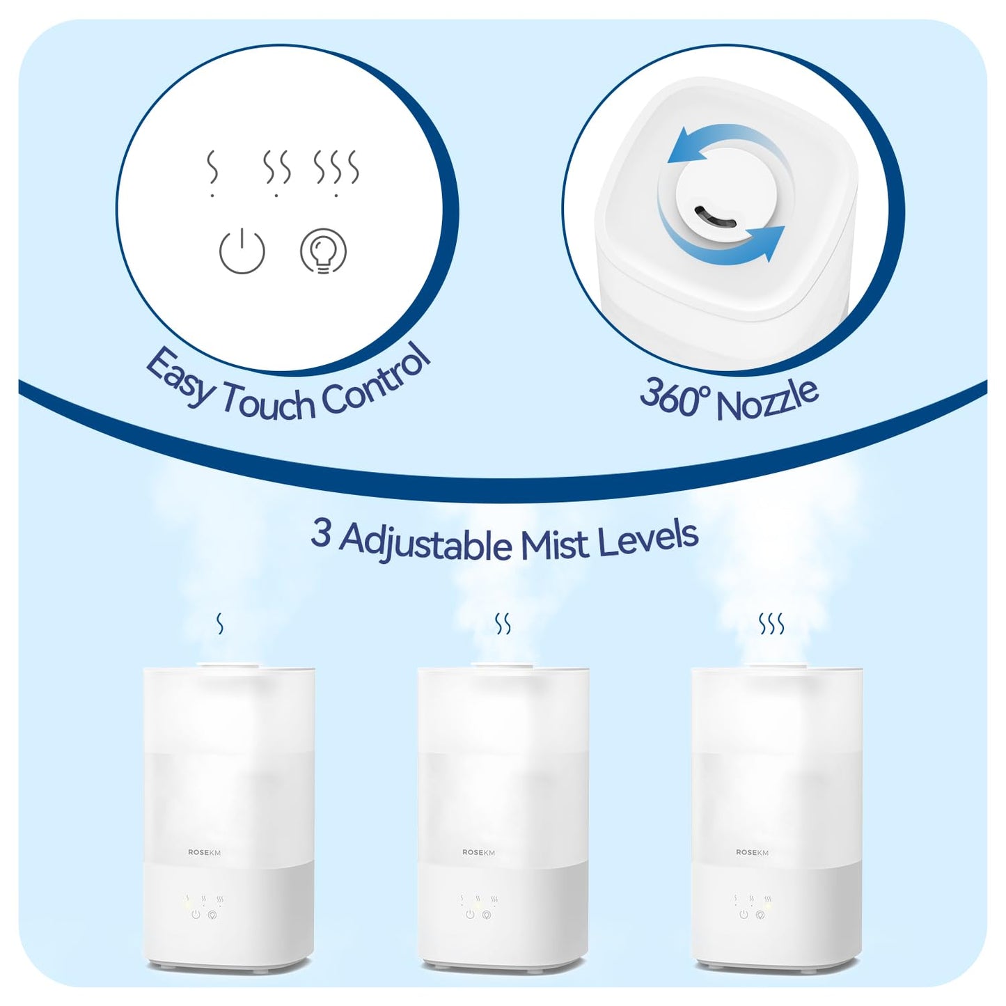 ROSEKM Humidifiers for Bedroom, Top Fill 2.5L Cool Mist Humidifiers for Large Room, Easy to Fill & Clean, 30H Runtime, 28dB Quiet Air Humidifier for Plants, Baby Nursery, Indoor with Night Light