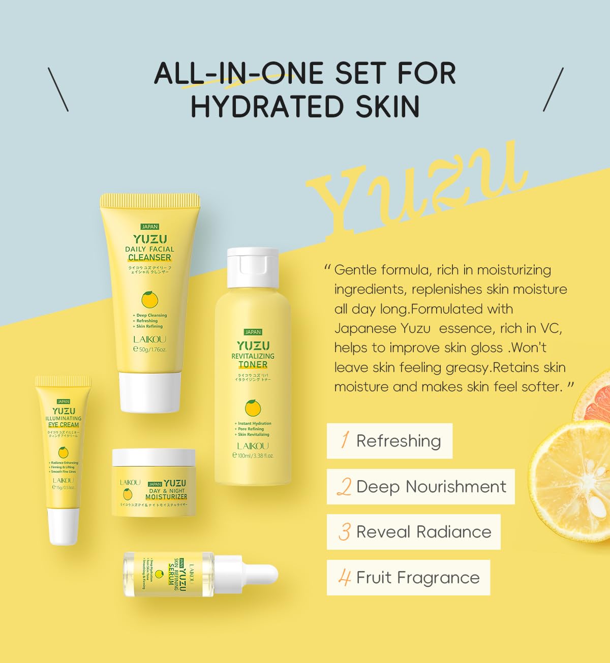 Grapefruit Skincare Set, 5-In-1 Skincare Gift Set With Facial Cleanser, Face Serum, Face Cream, Eye Cream, Moisturizing Toner Anti-Aging Skin Care Kit For Women Men