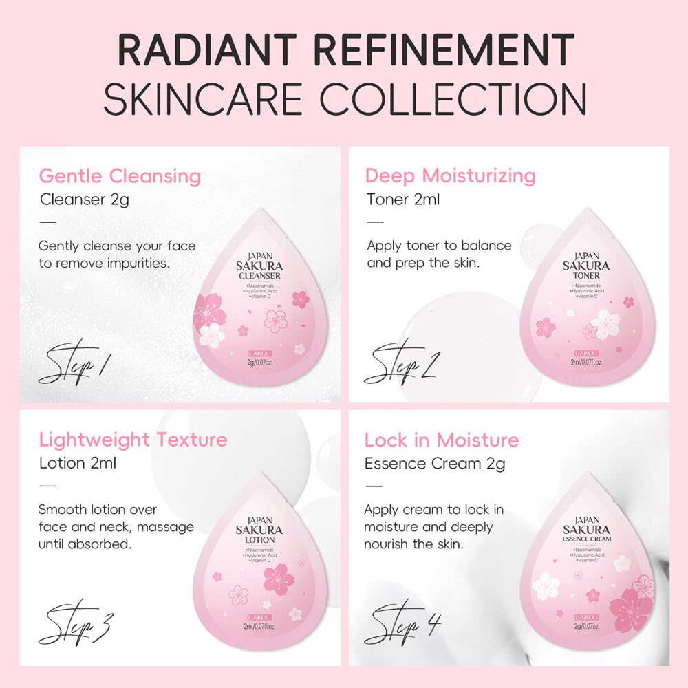 Sakura Travel Skincare Sets, 60pcs Mini Travel Skin Care kit Including Cleanser, Toner, Lotion, Serum, Cream, Sleepping Mask