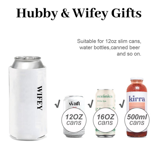 PartyGifts&beyond Honeymoon Essentials Hubby and Wifey Gifts Slim Can Coolers Wedding Can Coolers Engagement Gifts for Couples(HW-TR)