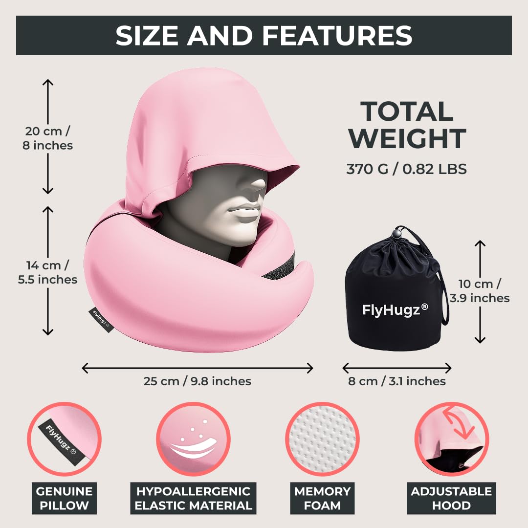 FlyHugz® 2.0 Hooded Travel Pillow – 2025 Original Release – Memory Foam Neck Pillow with Adjustable Hood & Premium Elastic Washable Cover – First Class Comfort for Flights, Road Trips & Sleep- Pink