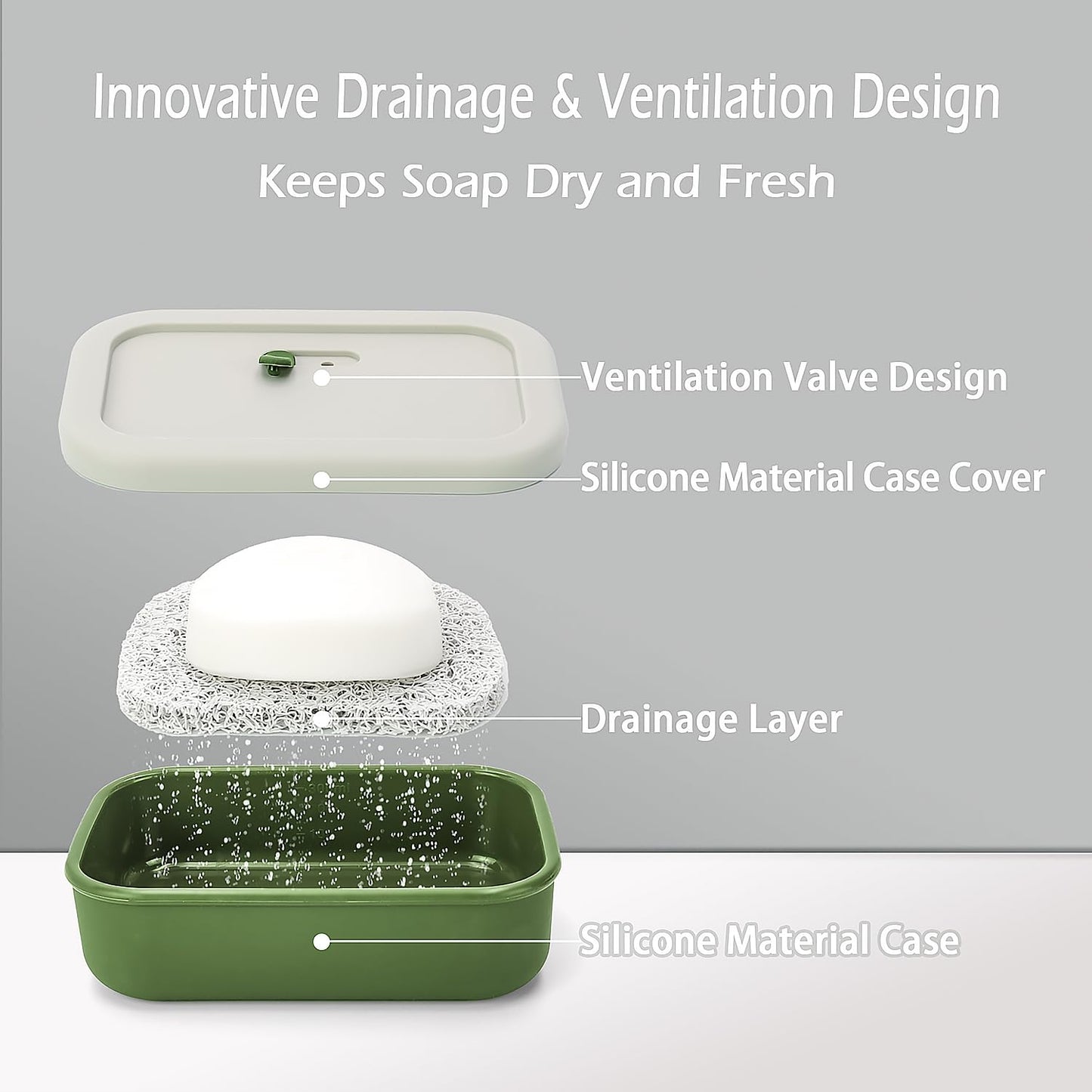 AIDIMMING Silicone Enhanced Leak Proof Travel Soap Case, Vented Shampoo Bar Holder, Large Bar Soap Box with Lid Portable Soap Dish with Draining Layer (Offwhite& Green)