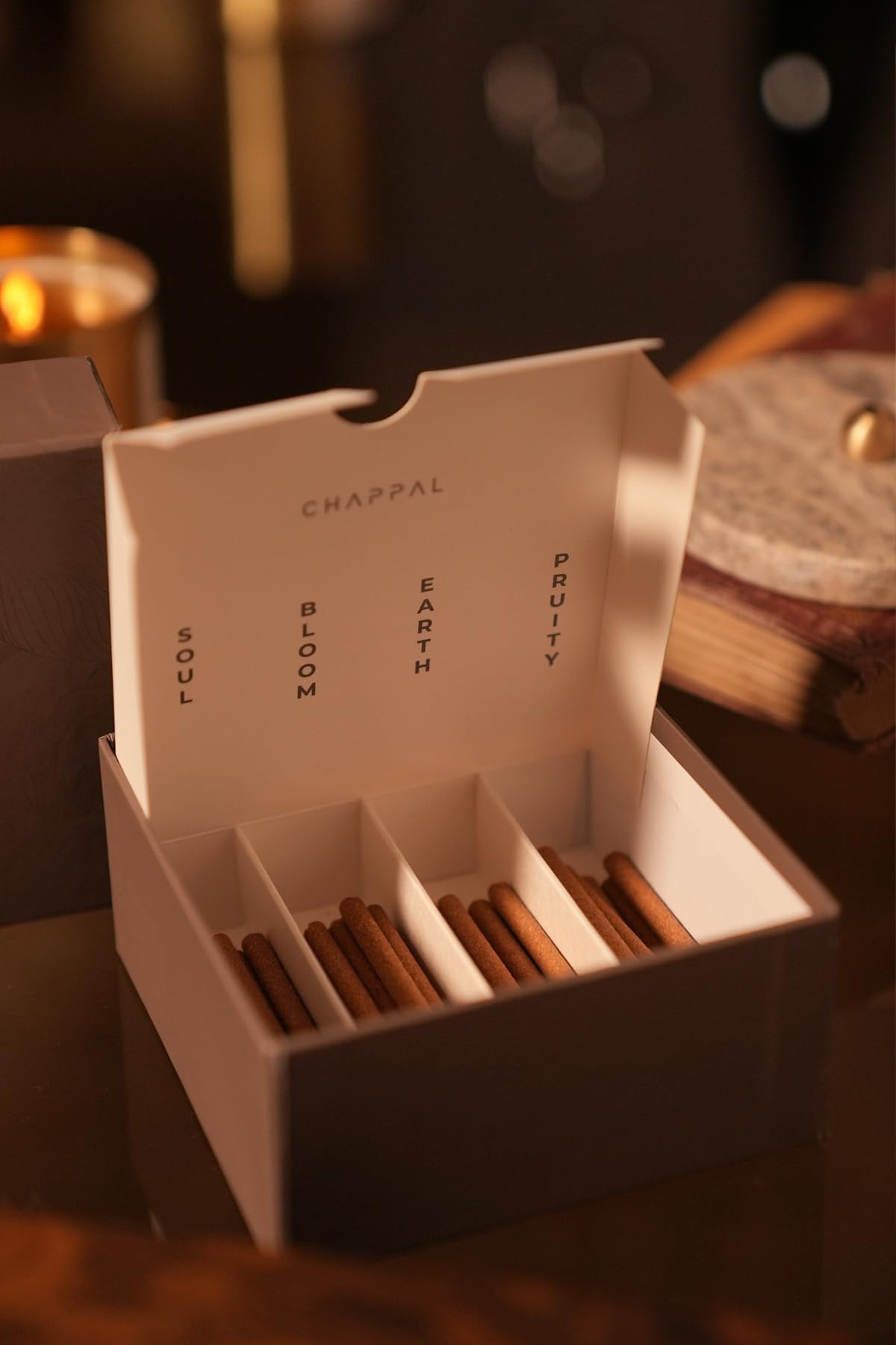 Chappal Serenity Stick Incense Kit – 100% Natural Plant-Based Aromatherapy with 4 Scented Incense Blends (Lily, Sandalwood, Rose, Oud) & Travertine Brass Holder – Home & Meditation Gift Set