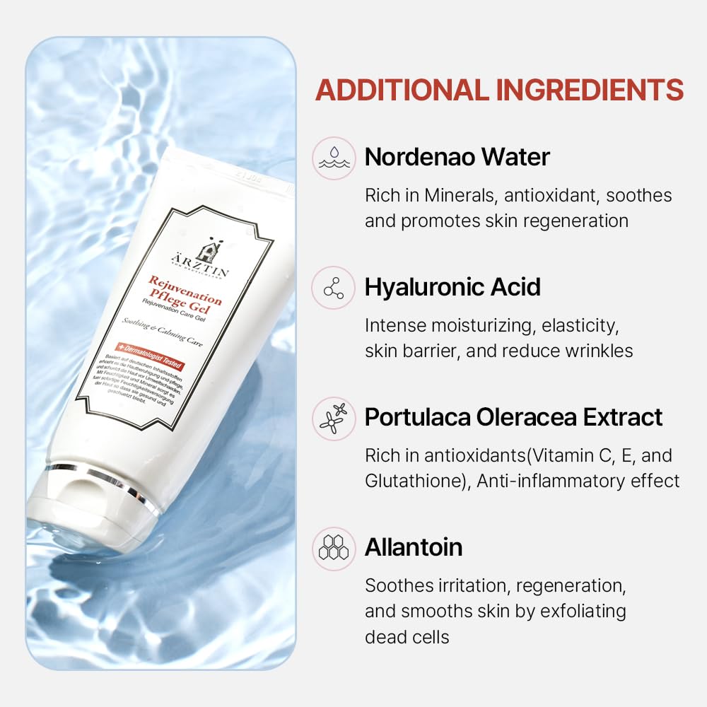 ARZTIN Rejuvenation Pflege Gel, Moisturizing Smoothing Cooling Gel Essence, Soothing Refreshing Non-Sticky Gel, Soothing and Hydrating Aloe Vera for Dry & Sensitive Skin