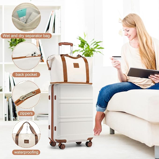 Kono Luggage Set 4 Piece Carry On Hardside Luggage with TSA Lock Spinner Wheels Carry On Suitcase Cream White