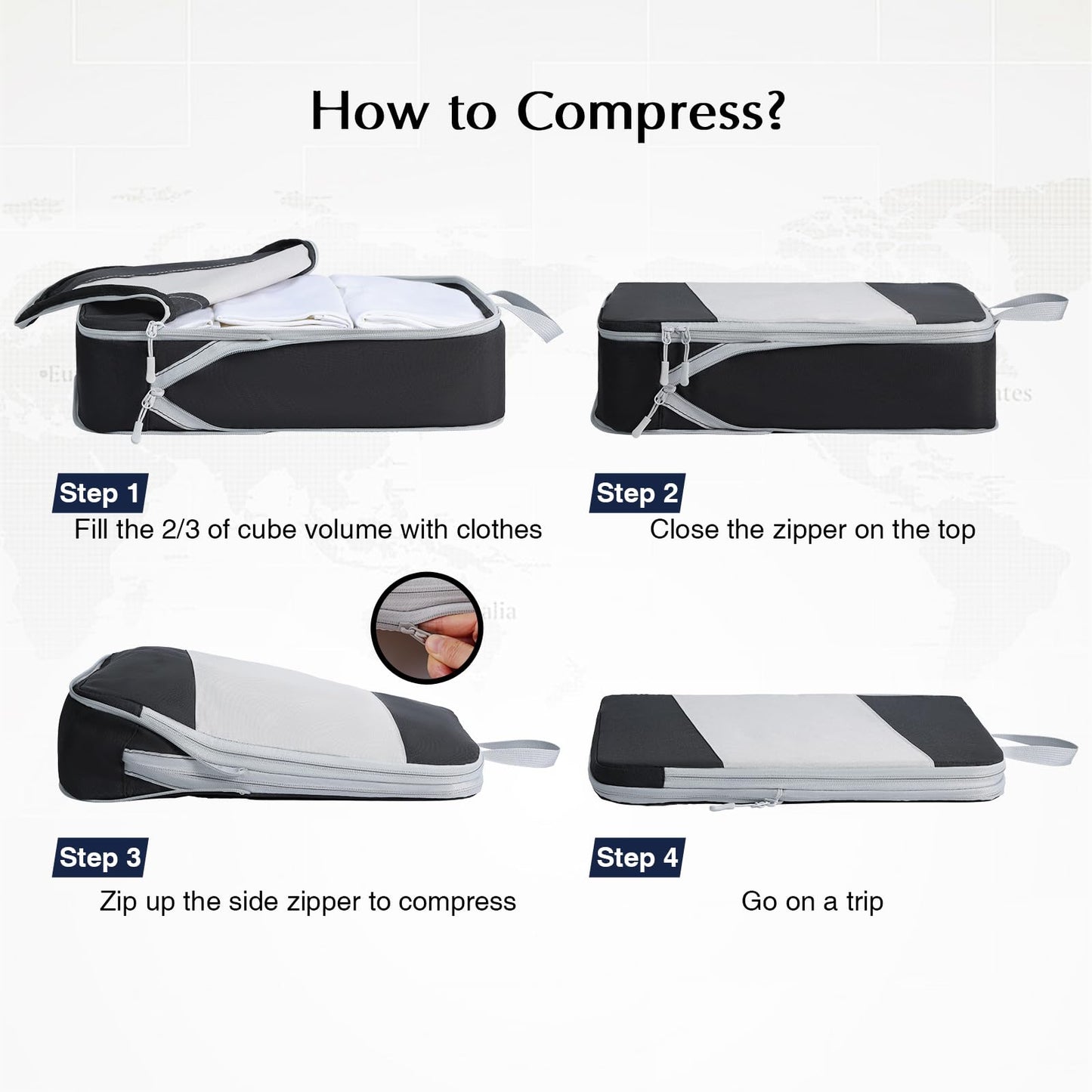 Packing Cubes for Travel, DIMJ Large Capacity Compression Packing Cubes Sturdy Compression Packing Cubes Travel, Packing Cubes for Suitcases with Mesh Toiletry Bag, 8 Pack, White and Black, YSYLZ001