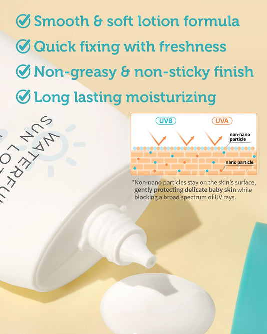 GOONGBE Baby Kids Waterful Sun Lotion SPF 40 & Mild Soothing Gel - Zinc Oxide Mineral Sunscreen & After Sun Relief - Korean Skincare for Sensitive Skin - Vegan Hypoallergenic, 2.82oz & 5.07oz