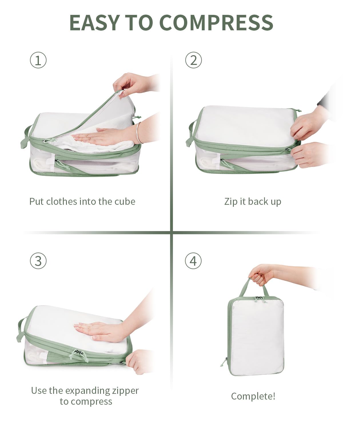 ECOHUB 6 Set Compression Packing Cubes, Lightweight Vacation Travel Essentials, Durable Travel Accessories for Suitcase Carry On Luggage Organizer Bags Set with YKK Zippers Shoe Bag, Green