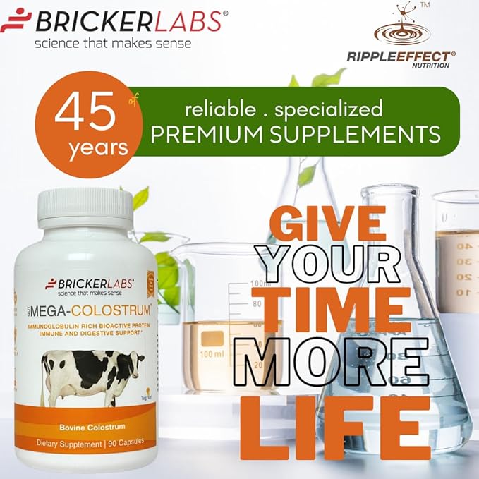 Bricker Labs Mega-Colostrum Capsules, Gut Health, Immunity, Skin & Hair, 1000 mg Bovine Colostrum Supplement 40% IgG, Rich in bioactive proteins, Growth Factors and antibodies, 45 Servings