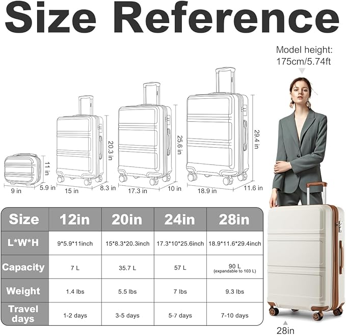 Kono 4 Piece Luggage Sets Expandable(only 28") Lightweight with Spinner Wheels TSA Lock Hardside Travel Rolling Suitcases 20in 24in 28in Carry on and 12in Mini Cosmetic Case Cream White