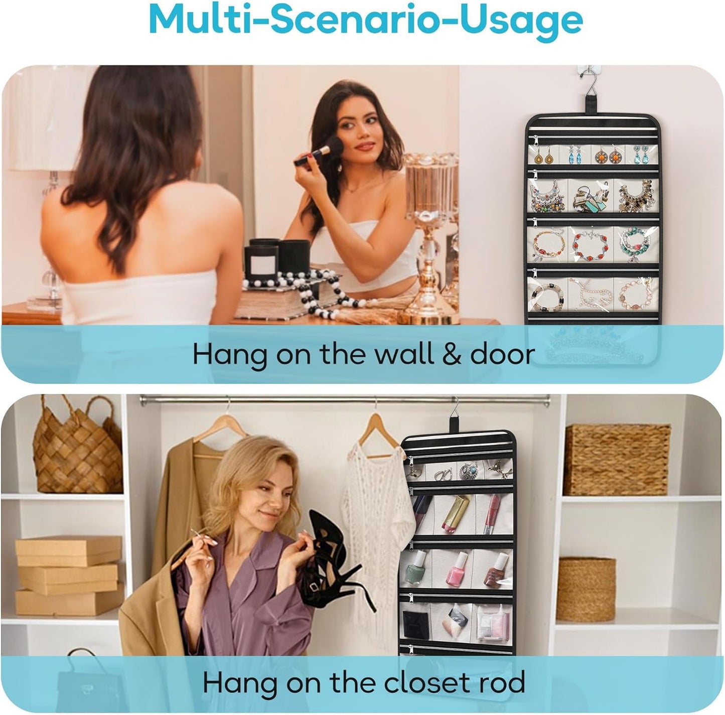 MISSLO Hanging Jewelry Organizer Travel Foldable Jewelry Roll Storage Case with 14 Cotton Zippered Pockets for Traveling, Closet, Suitcase