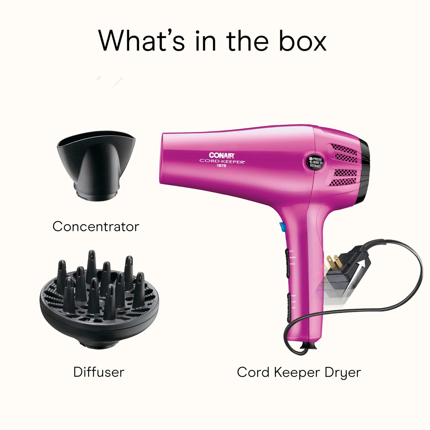 Conair Hair Dryer with Retractable Cord, 1875W Blow Dryer, 3 Heat Settings, 2 Speeds, Blow Dryer with Diffuser and Concentrator Attachments, Ionic + Tourmaline Technology, Pink