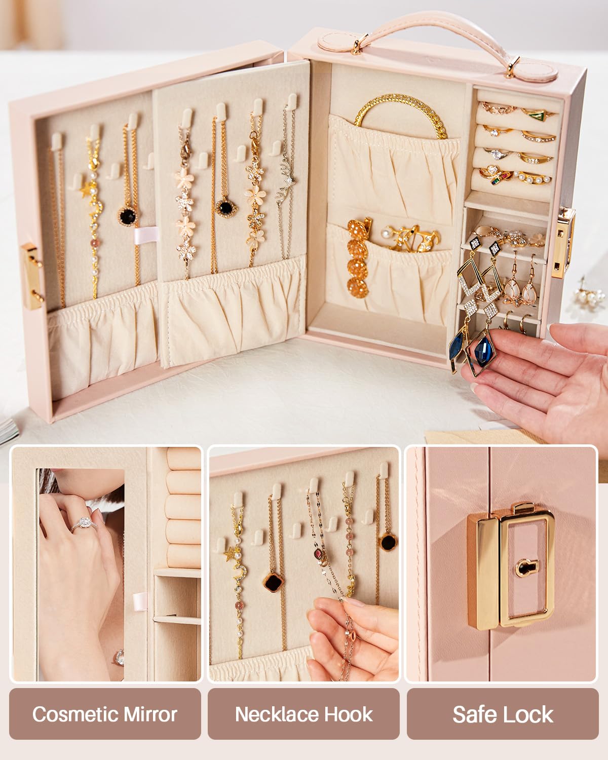 Enthralite Travel Jewelry Case, Essentials for vacation, Portable Bangle Box with Mirror, PU Leather Small Watch Organizer for Rings, Earrings, Necklaces, Bracelets (Light Pink)