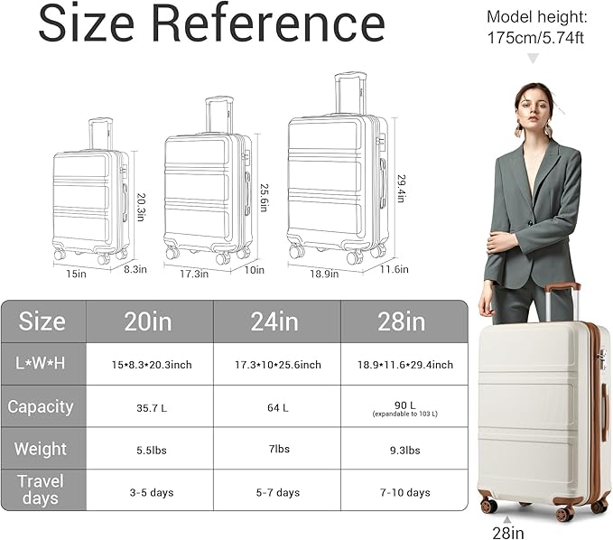 Kono 3 Piece Luggage Sets Expandable(only 28") Lightweight with Spinner Wheels TSA Lock Hardside Travel Rolling Suitcases 20in 24in 28in Carry on Cream White