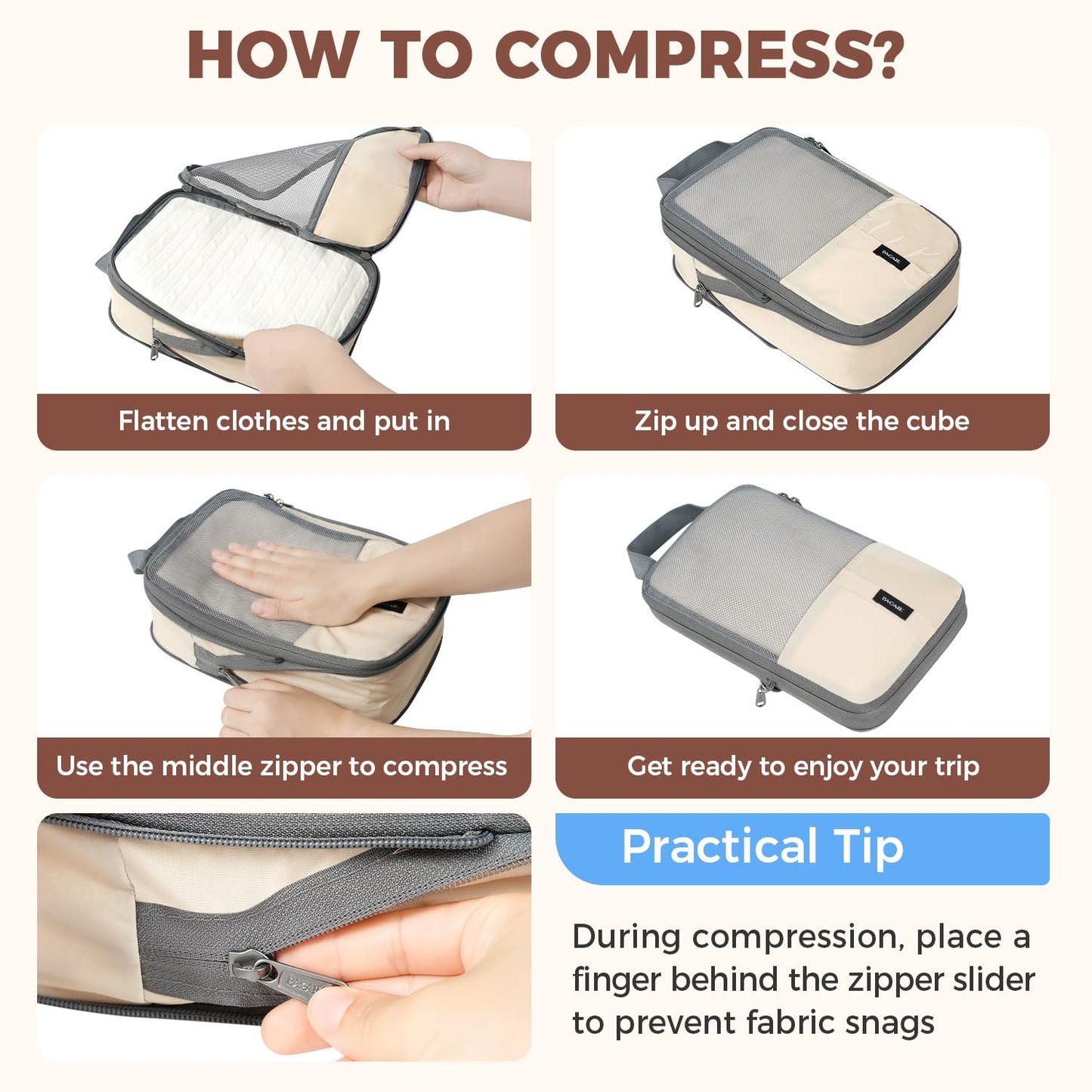 BAGAIL 6 Set/4 Set Lightweight Compression Packing Cubes for Travel, Anti-Tearing Expandable Organizer Bags for Suitcase(6 Set, Beige)