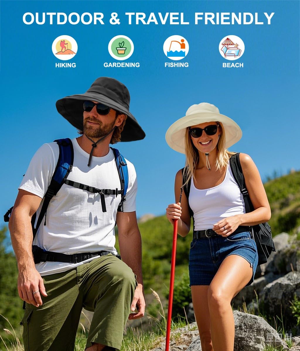 Sun Hats for Women, Wide Brim Waterproof Bucket Hat, Summer Beach Packable Ponytail Hat,UPF 50+ UV Protection Black