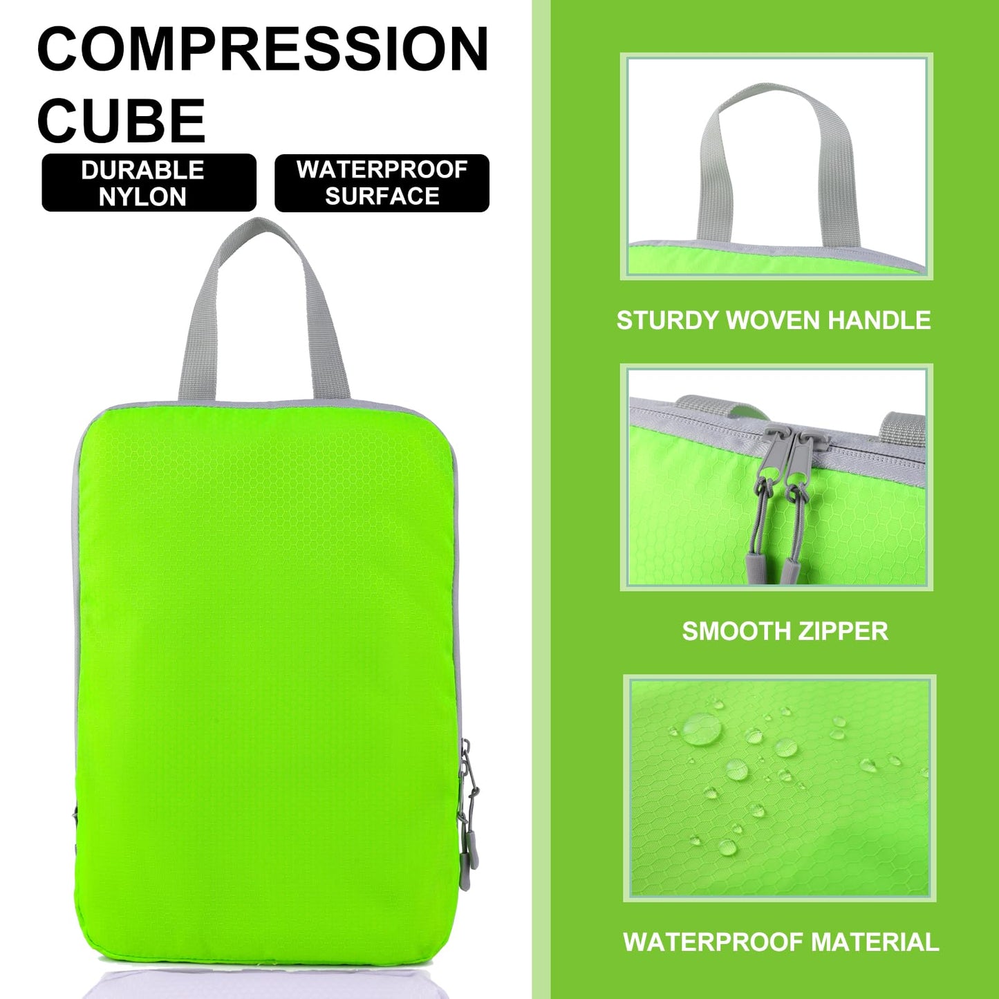 COVAX 4 Set Compression Packing Cubes, Travel Luggage Organizers and Storage Packing Cubes, Fluorescent Green