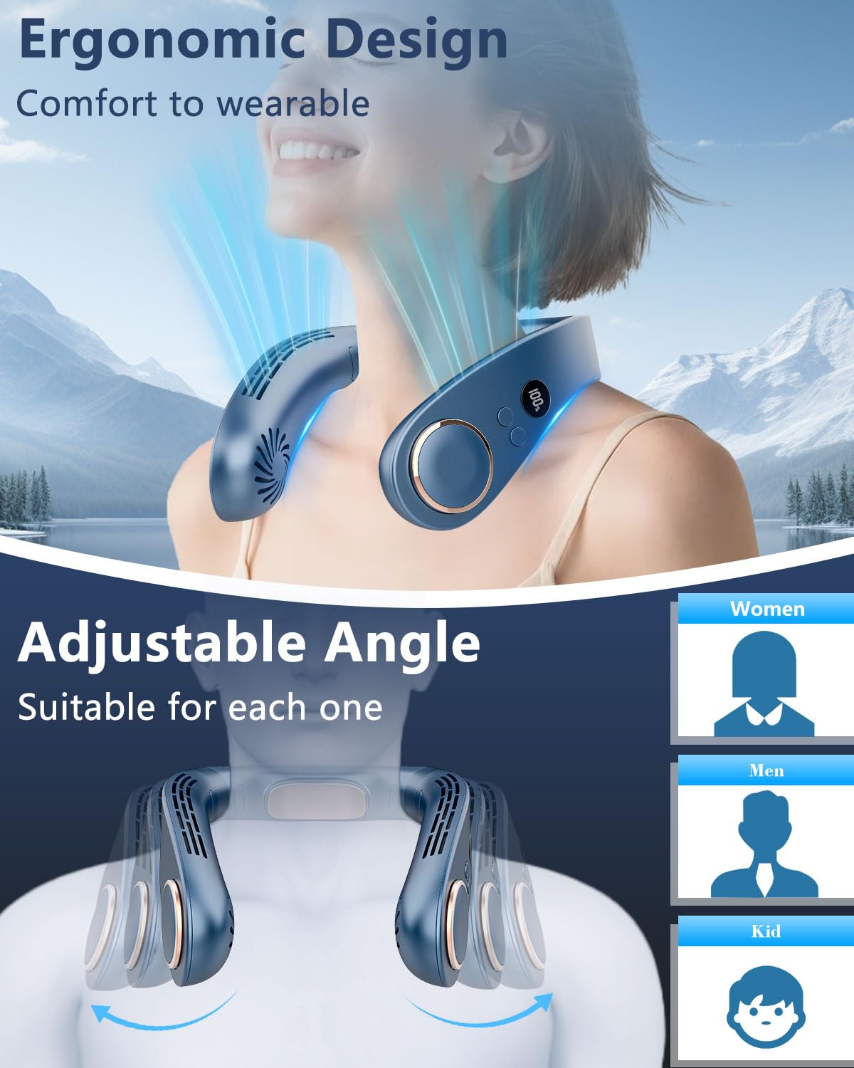 Neck Fan with Cooling Plate,5500mAh Neck Fans that Blow Cold Air Rechargeable Battery Operated,USB-C Bladeless Air Conditioner Cooling Plate AC Cooler,Quiet Head Wearable Hangs Around Neck Device Blue