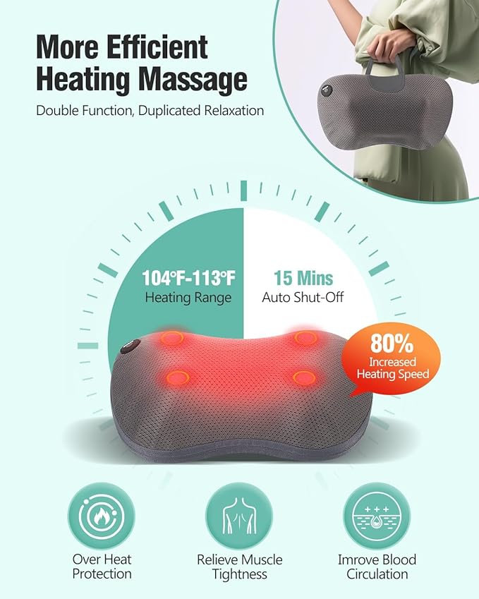 Back Massager Pillow for Pain Relief Deep Tissue - Shiatsu Kneading Neck and Shoulder Massager with Heat - Protable Electric Massage Pillow with Carry Handle - Gift for Women/Men