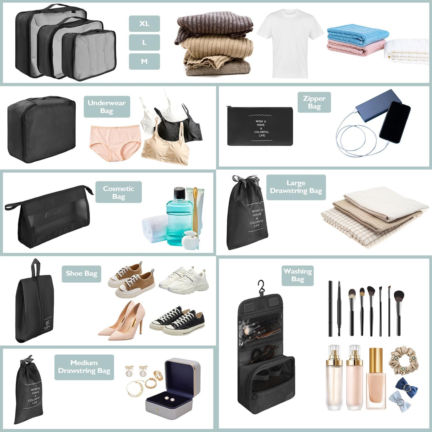 10 Set Packing Cubes for Travel - Black Suitcase Organizer With Toiletry Bag, Mesh Breathable Luggage Organizer Bags, Travel Essentials for Women Accessories