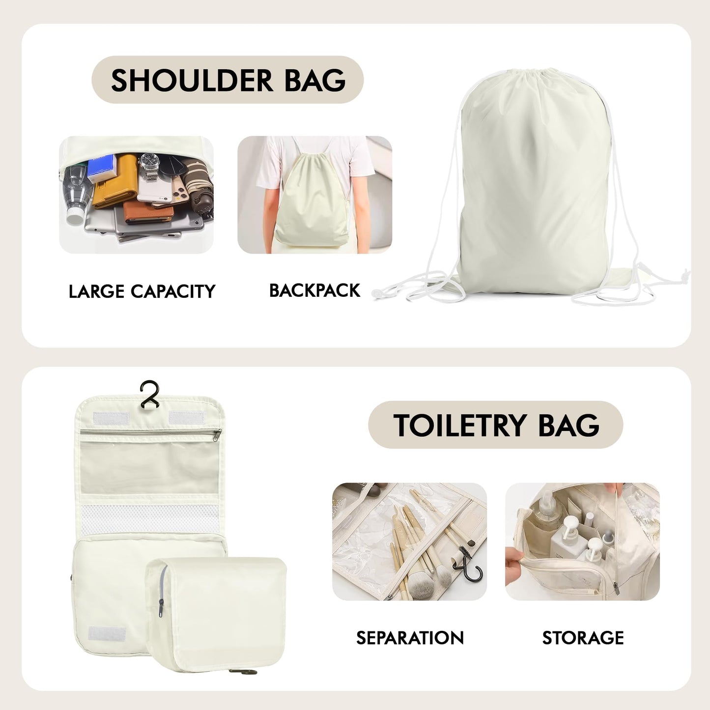 WVM Packing Cubes for Travel, 8-Piece Luggage Organizer Set with Shoe Bag, Toiletry Bag & Laundry Bag, Beige