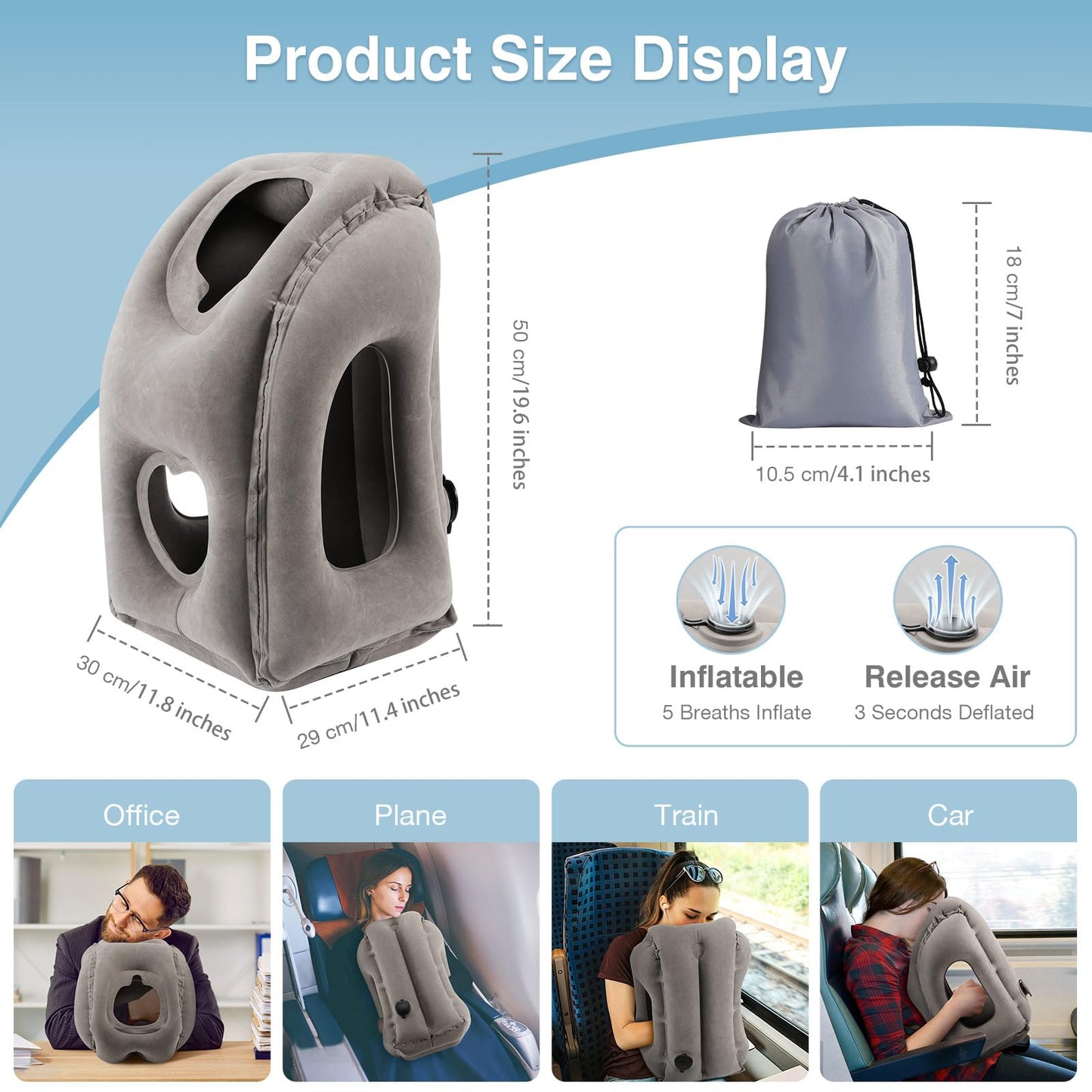 MoKo Inflatable Travel Pillow, Comfortable Neck Pillow with Storage Bag Support Shoulder and Neck to Avoid Pain for Airplane Train Office Car Travel Home, Gray