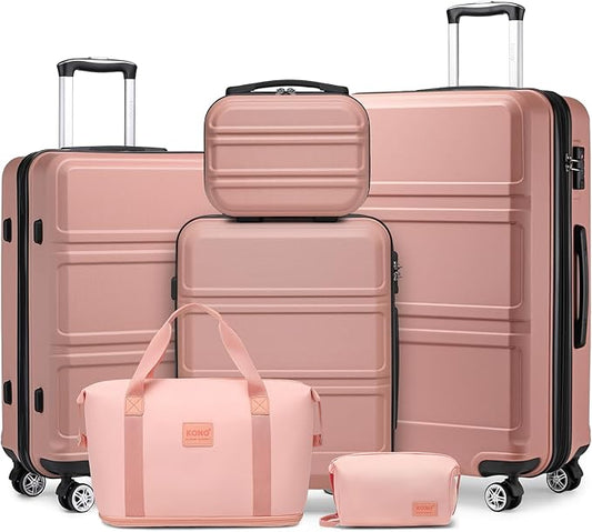 Kono Suitcase Luggage Set Expandable(only 28") Carry On Hardside Luggage with TSA Lock Spinner Wheels (Nude/Rose Pink, 6 piece set)