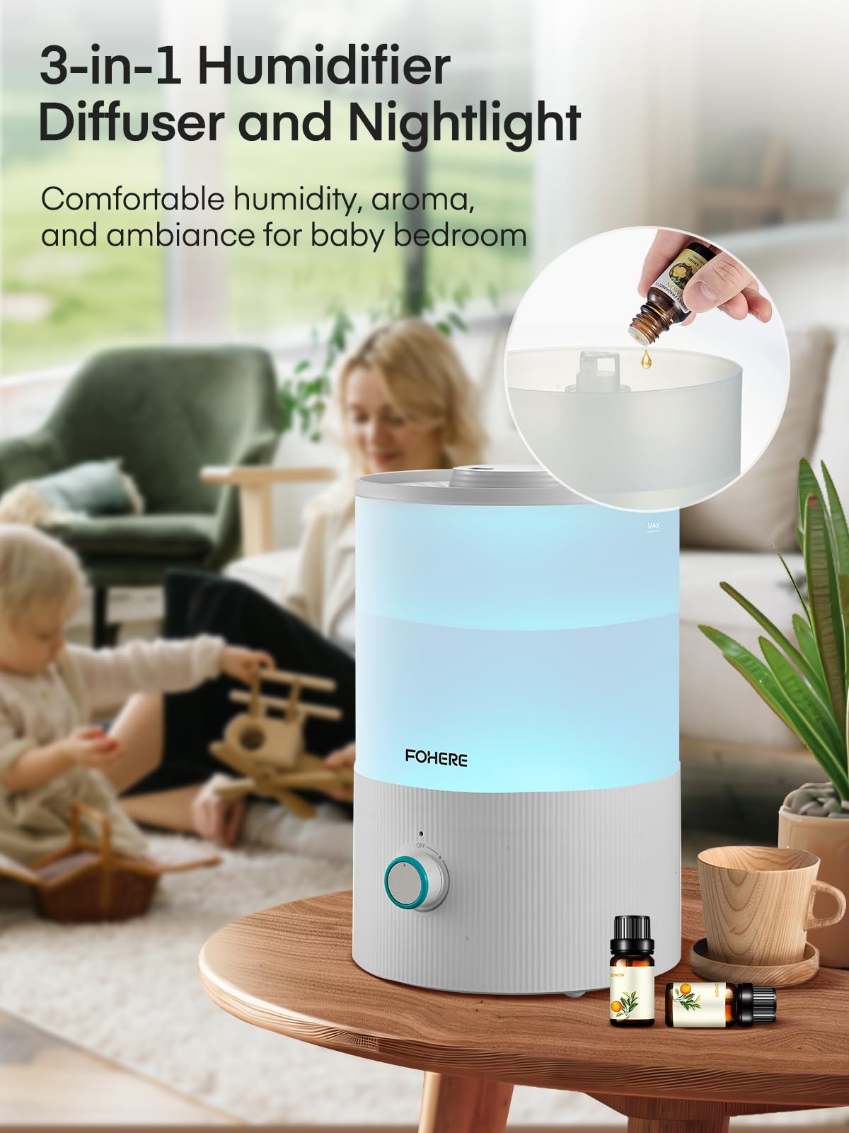 FOHERE Humidifiers for Bedroom, 3.2L Top Fill Cool Mist Ultrasonic Humidifier for Baby Rooms and Plants, 2-IN-1 Essential Oil Diffuser with 7-color Light and Auto Shut-off, BPA-Free, Quiet, White