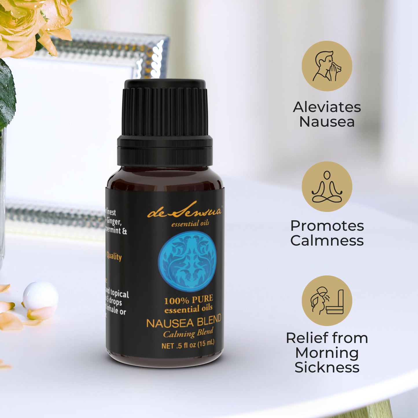 deSensua Nausea Relief Oil Synergy Blend for Motion Sickness, Gas, Bloating, 100% Pure Essential Oils Blends, Nausea Relief for Pregnant Women, Pure Essential Oils for Diffusers for Home 15 mL
