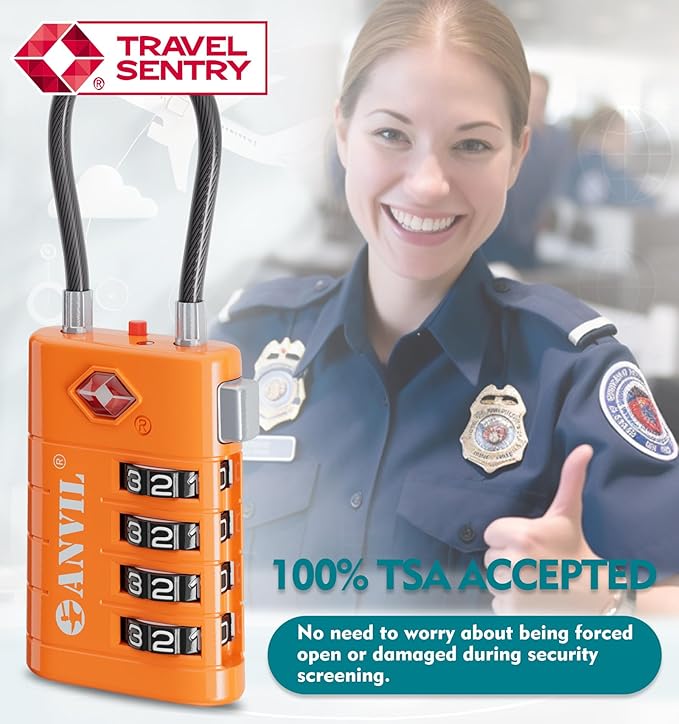 ANVIL 4 Digit Luggage Locks, TSA Locks for Luggage, Advanced TSA008 core, Alert Indicator for Your Travel Lock, Suitcase Lock. (3, Orange)